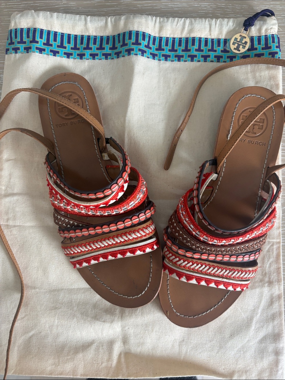 Tory Burch Red, Brown and White Braided-Strap Sandals